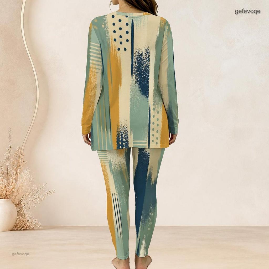 Women Plus Size Printed Dark Blue Round Neck Long Sleeve Longline Top And Fitted Pants Two Piece Set
