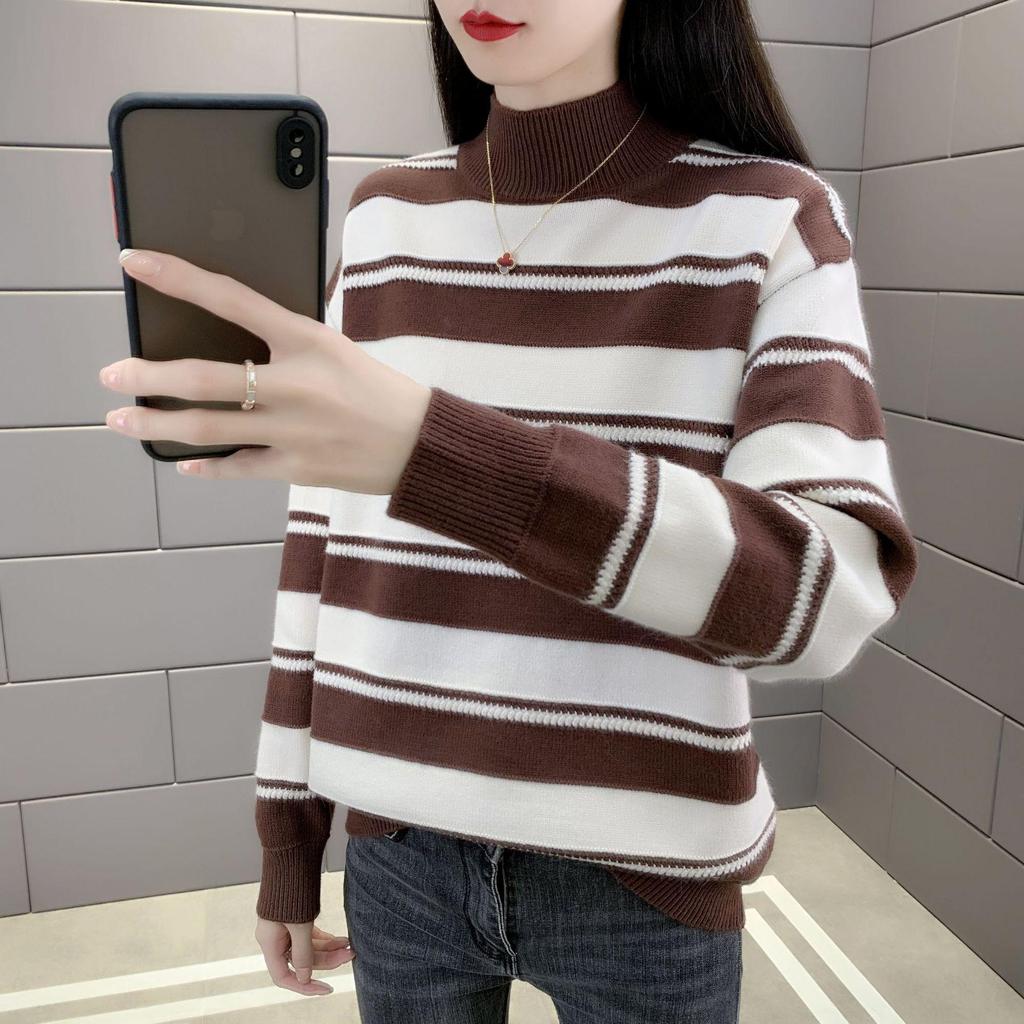 Women's Stylish Striped Loose Sweater - Thickened Half-High Collar Base Layer for Autumn/Winter