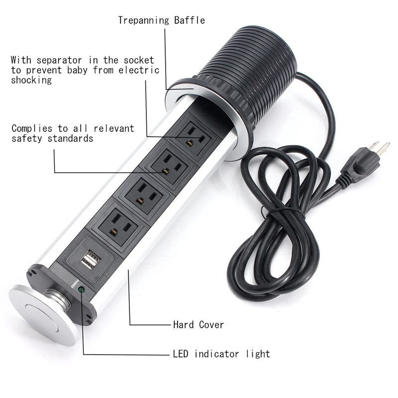 2500W US/UK/EU/AU Plug Pull Pop Up Electrical Socket 4 Power 2 Charge USB Aluminum Shelf LED Desk Worktop Extension Table Office