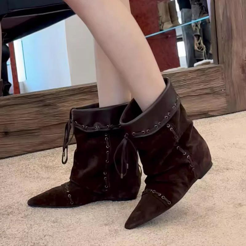 Super soft lambskin~ Stacked pleated knight boots female Maillard folding two wear western boots cowboy boots long tube