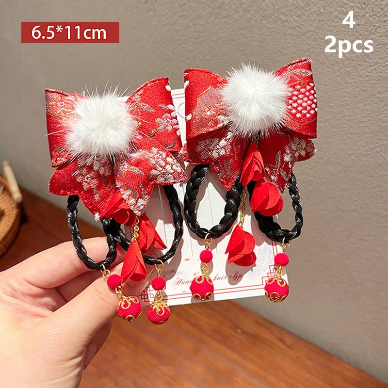 Red Children'S Hair Clip Chinese Style Hanfu Headwear Women'S Wig Tassel Hair Card Baby Hair Accessories