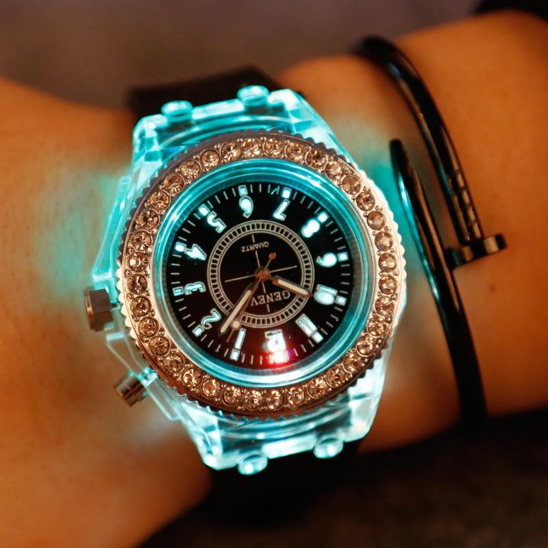 New colorful lights personalized rhinestone led Harajuku fashion trend male and female students couple quartz watch