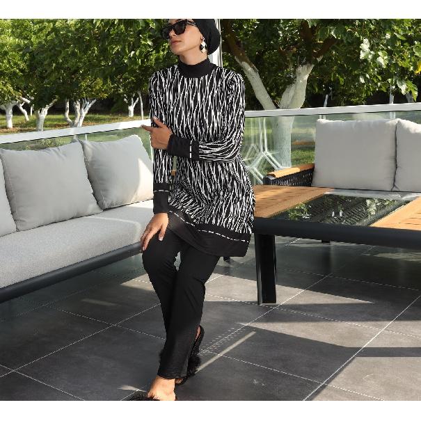 Banana Leaf Print Set Muslim Women Modest Seaside Swimwear Full Coverage Swimsuit Beachwear Burkini Swimsuit Set (Without Headscarf)