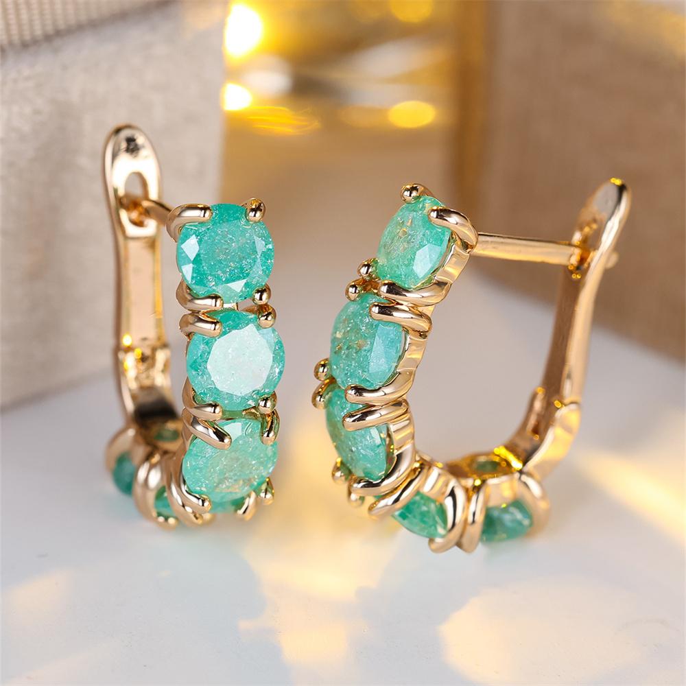 Pink Green Aqua Blue Ice Flower Zircon Hoop Earrings For Women Vintage Gold Color Wedding Jewelry Christmas Gifts