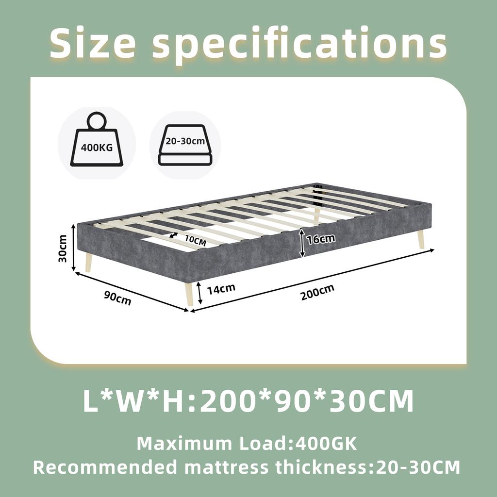 Modern Minimalist Bed Frame, 90x200 cm, Grey, Dutch Velvet Fabric, Low-Profile Base, Bedroom Furniture. Excludes Gas Lift, Headboard, and Mattress.