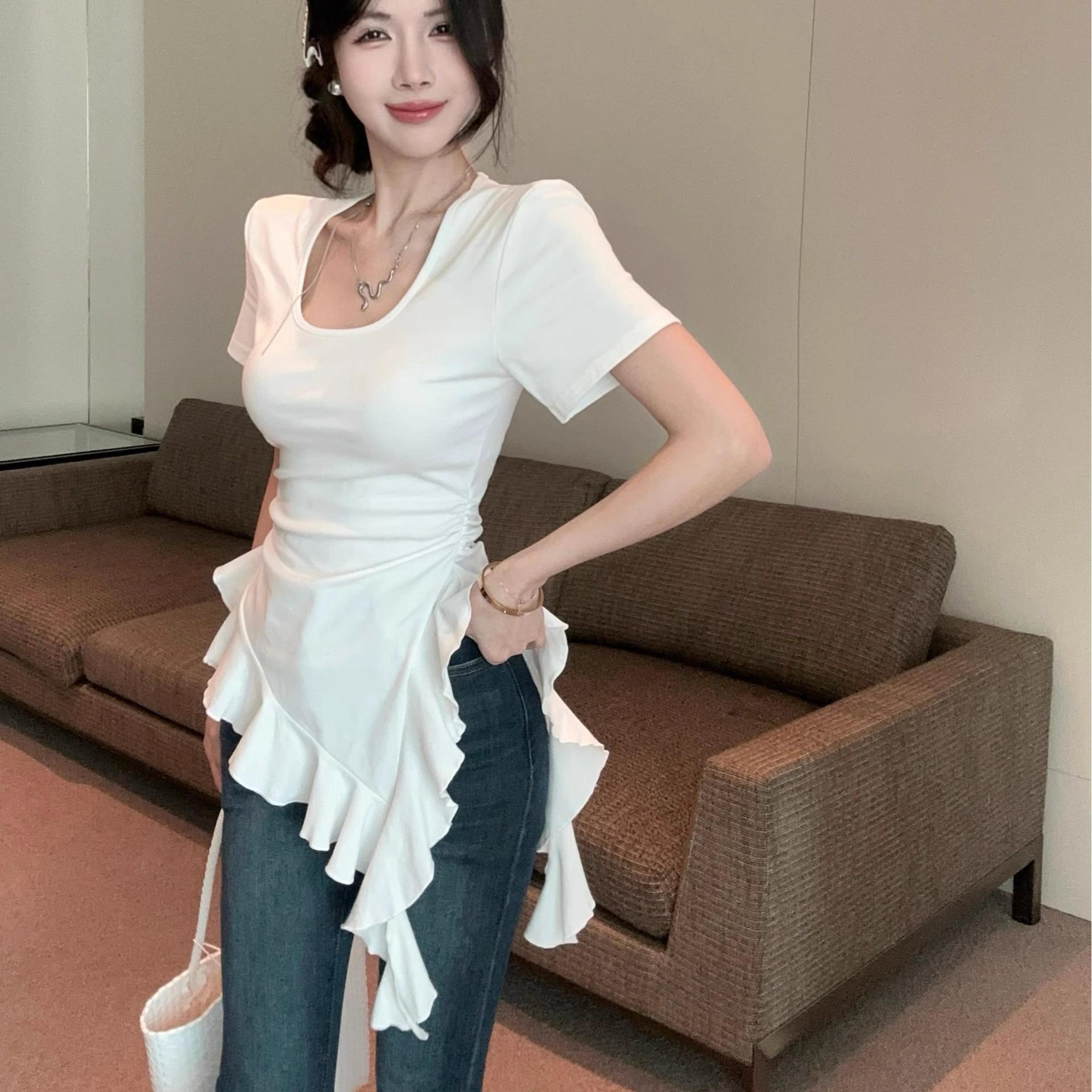 Factory spot ruffle leaf edge irregular waist U-neck short-sleeved women s T-shirt design sense niche style chic unique top S белый