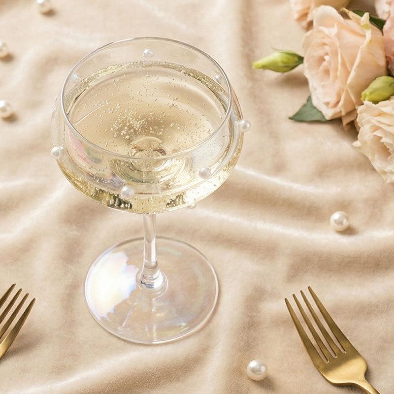 Light Luxury Handmade Pearl Patch Tall Glass Girl's Heart Juice Dessert Cup French Round Transparent Ice Cream Cup