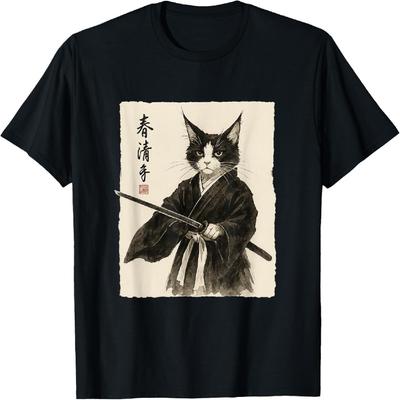 Maglietta Gatto Samurai Vintage Ukiyo-e Arte Guerriero Grafica Arte Gatto