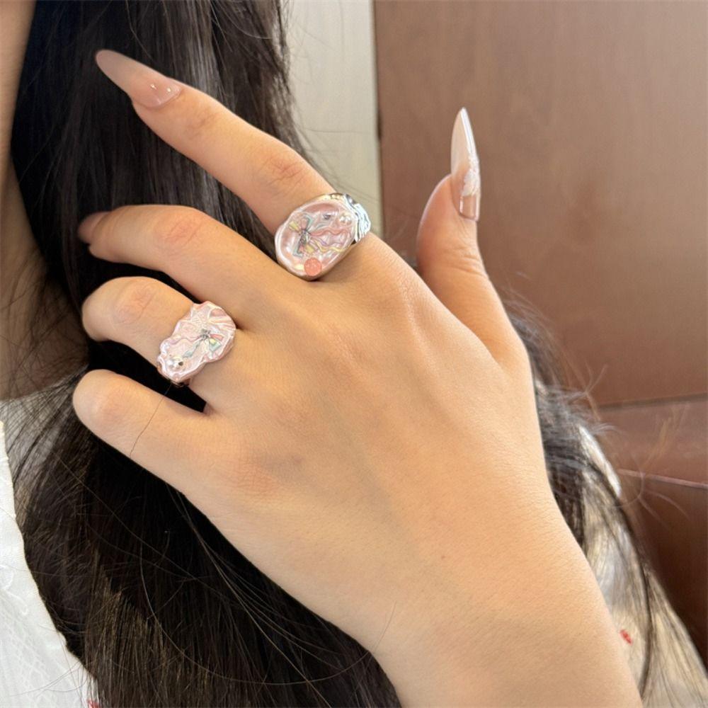 Adjustable Enamel Drip Oil Ring Cartoon Flower Cuff Ring Pink Opening Ring  Festival Ornaments