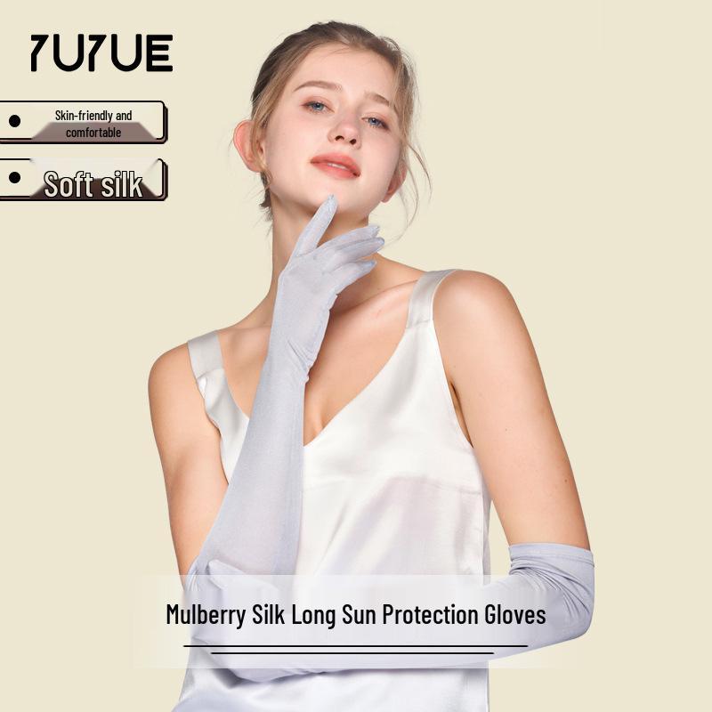 Yu Yue Mulberry Silk Sun Protection Arm Sleeves for Women - Long, Solid Color Driving Gloves