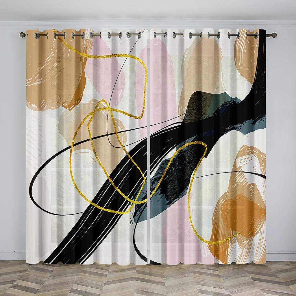 Modern Abstract Geometric Art Design Graffiti 2 Pieces Thin Shading Window Curtain for Living Room Bedroom Decor