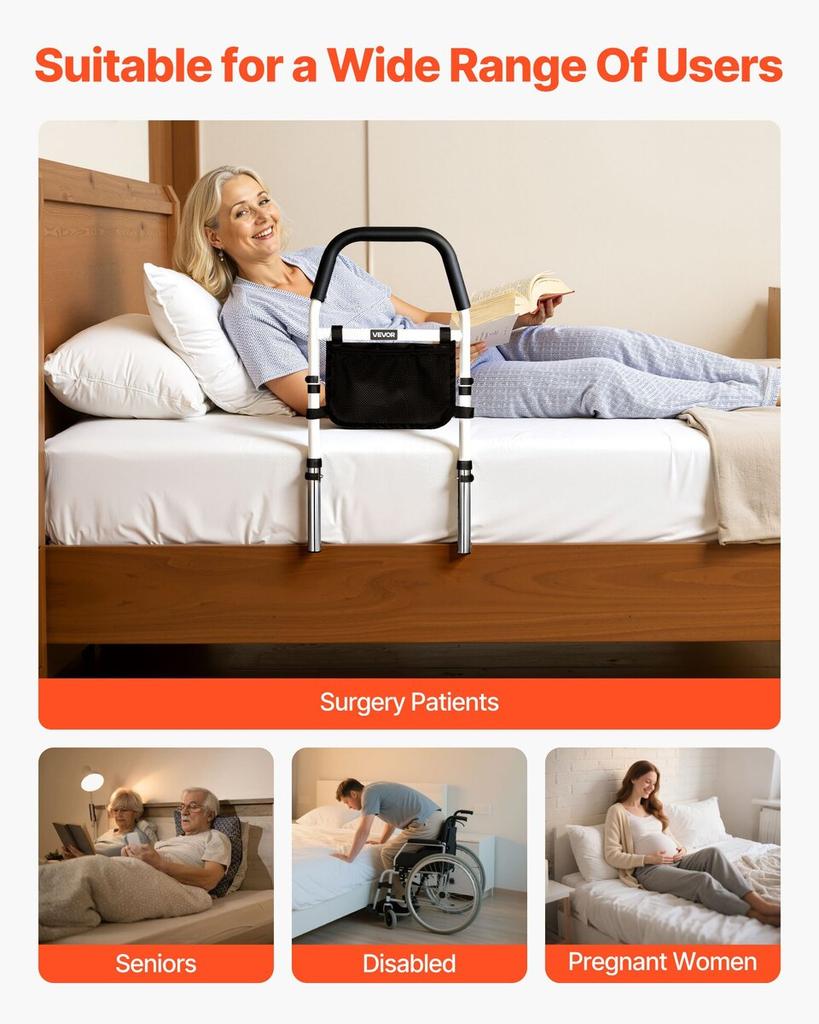 Bed Rail for Elderly, Bedside Assist Rails with PU Handrail, Adjustable Height Pipe Bedside Cane, High-Strength Carbon Steel Bed Bars for Seniors &