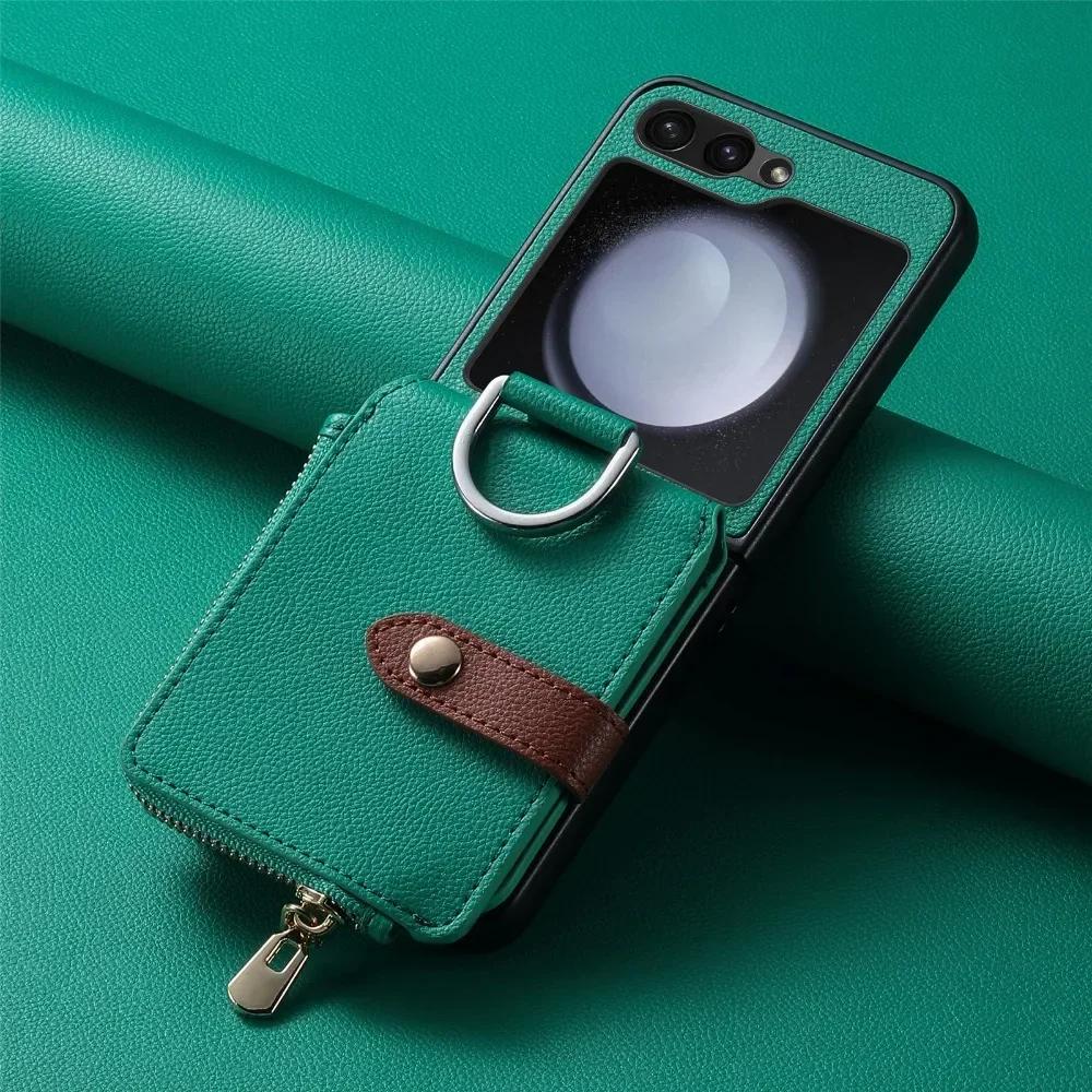 Prstenový kryt na telefon s držákem na karty pro Samsung Z Flip 6 5 4 3 Flip6 Flip5 Flip4 Flip3 5G Zipová peněženka PU kožený kryt