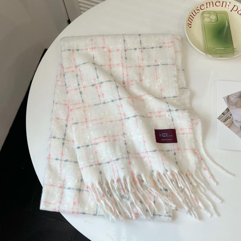 White Plaid Scarf, Women's Winter High-end Sense Versatile Scarf, Student Japanese Color Dot Shawl, Warm and Thickened Outside