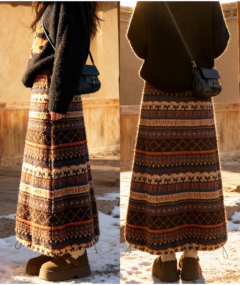 Fair Isle Ethnic Style Women's Fleece Drawstring Lantern Skirt for Autumn/Winter