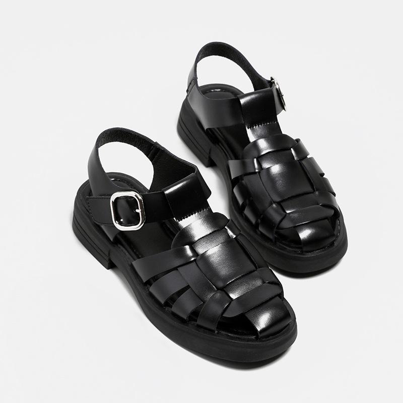 fashion Summer New Fashion Leather Casual Baotou Women's Flat Sandals Personality Trend Retro Woven Hollow Roman Casual Sandals