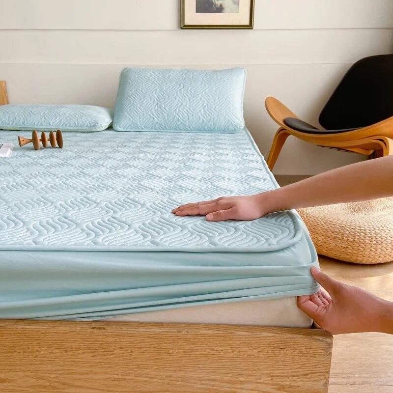 100% Cotton Fitted Sheet Quilted Mattress Cover Green Mattress Protector for Bedroom Hotel Single Double Queen King Bed Cover