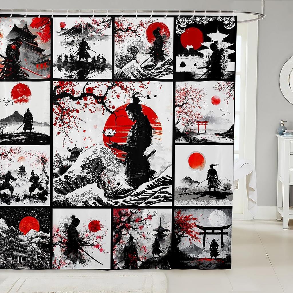 Kids Japanese Geisha Shower Curtain Boys Girls Cherry Blossoms Bathroom Shower Curtain Set Japanese Style Bath Curtain