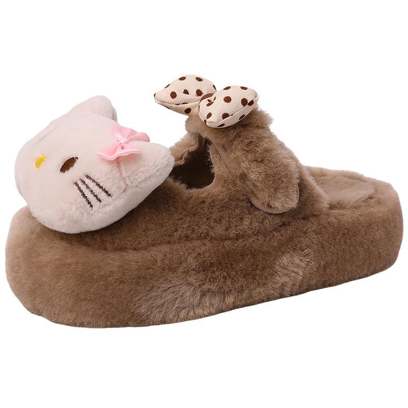 Fashion cute and sweet KT cat fluffy slippers women's autumn and winter 2025 thick-bottomed velvet thermal cotton bag head slippers