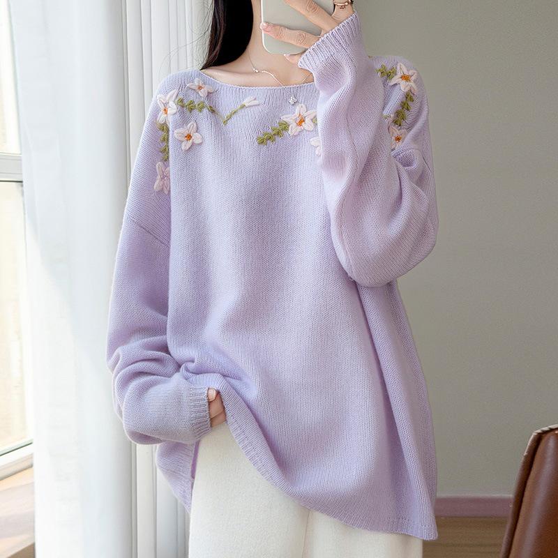 2026 A/W Women's One-Shoulder Embroidered Wool Sweater Top