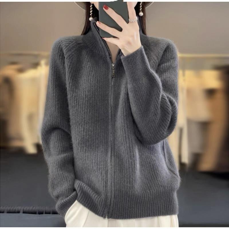 Spring Autumn and Winter Cardigan Women's Stand-up Collar Zipper Cardigan Thickened Cardigan Jacket Knit Sweater with Lazy Style
