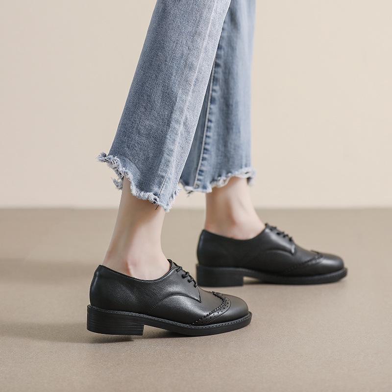 Women's 2024 Autumn British Style Black Leather Lace-Up Flat Loafers with Soft Soles