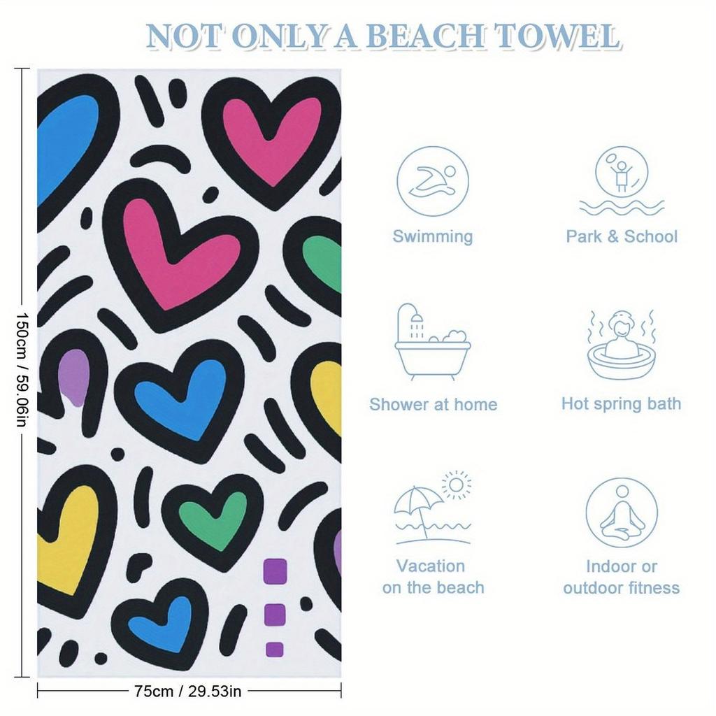 Large Quick-Dry Beach Towel - Super Absorbent Microfiber Bath & Pool Towel with Vibrant Hearts Pattern In Blue,Pink,Yellow,Green
