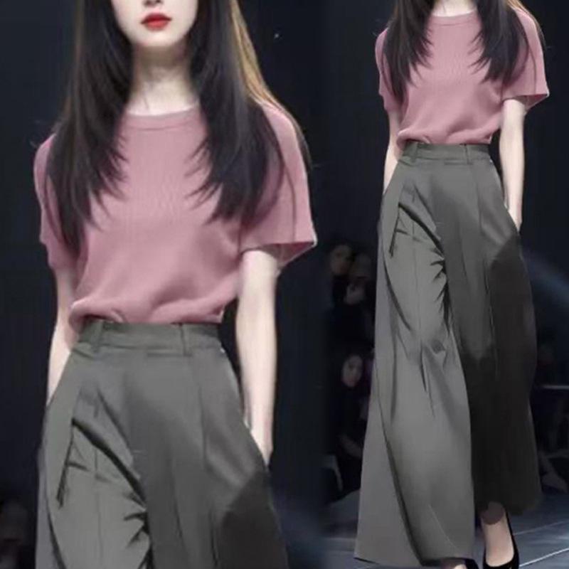 Chic Women's Summer Two-Piece Set: Stylish Short Sleeve Top & High Waist Wide Leg Pants