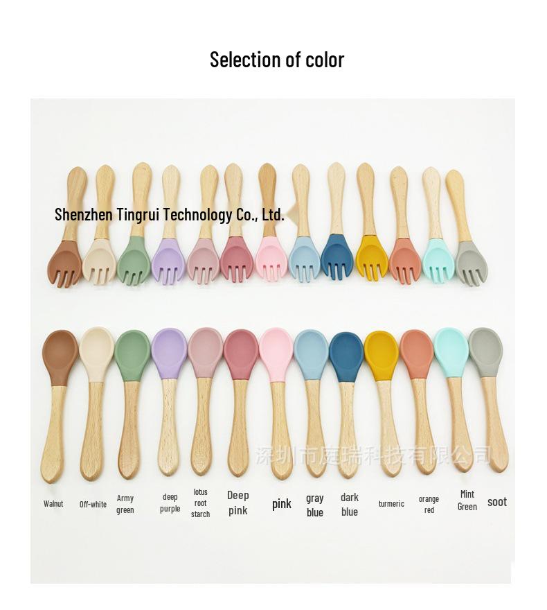 Child's Wooden Handle Silicone Fork & Spoon Set for Learning to Eat