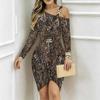 Women Plus Size Asymmetric Off Shoulder Long Sleeve Grey Black Leopard Print Irregular Wrap Bodycon Midi Dress