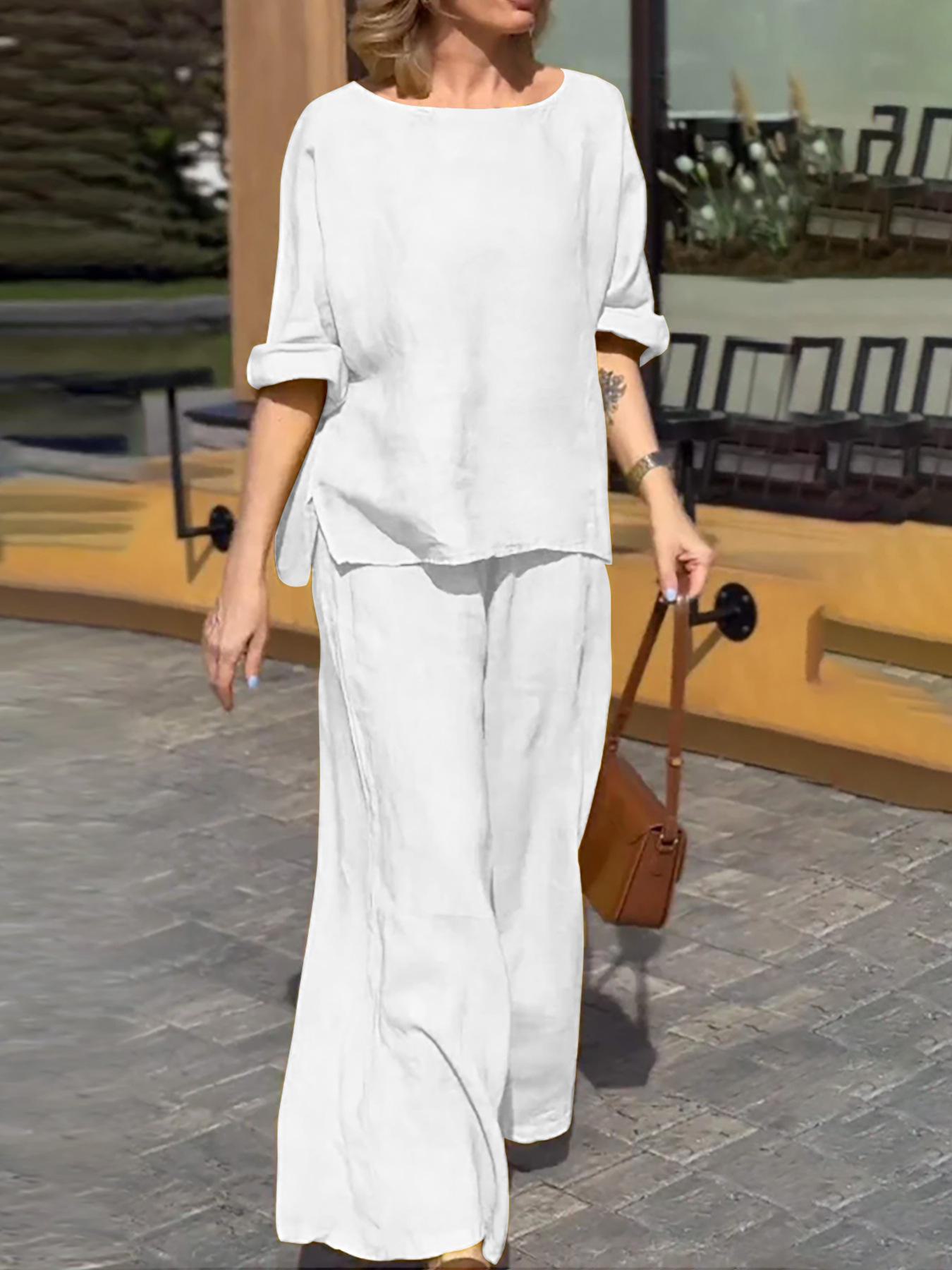 

Женский летний костюм-двойка из хлопка и льна 2025 года, однотонный: Свободные повседневные брюки и куртка L белый