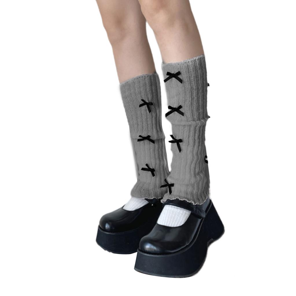 Sweet Girls Leg Warmers Women Ribbed Knit Foot Covers Elegant Bowknot Ruffled Trim Boot Cuffs Footless Long Calf Socks