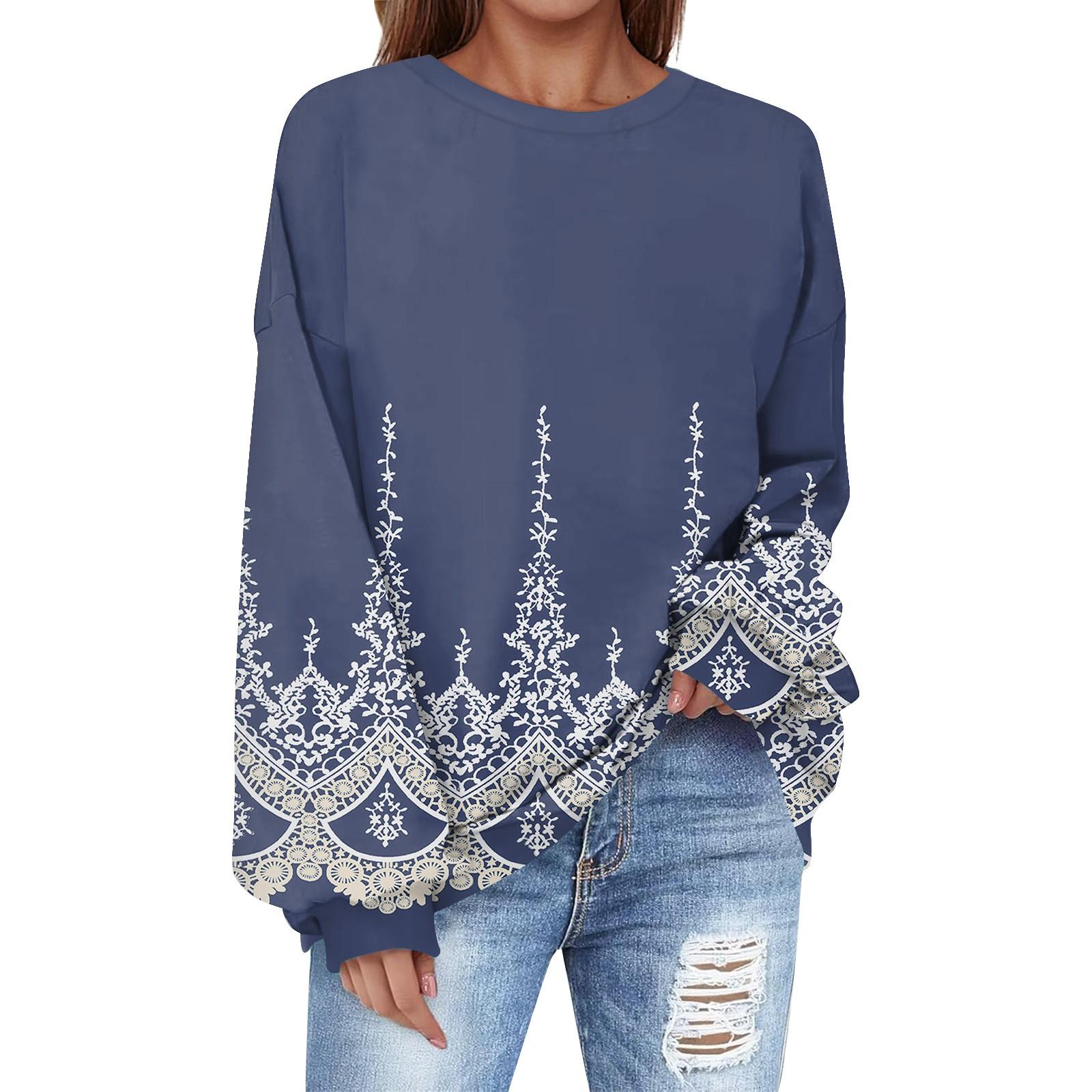 

Толстовка большого размера для женщин с круглым вырезом и принтом, с длинным рукавом, толстовка L тёмно-синий