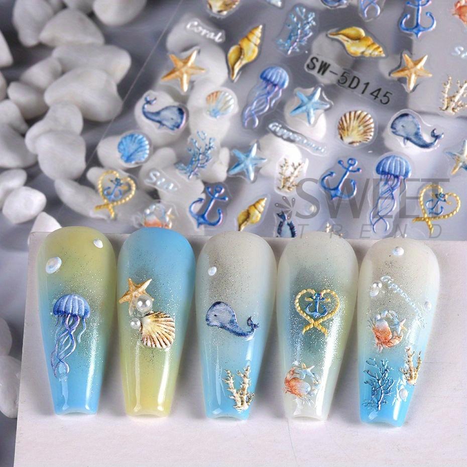 5D Jellyfish Summer Beach Nail Stickers White Shell Starfish Screw Adhesive Sliders Mermaid Embossed Decals Manicure Foils Decor