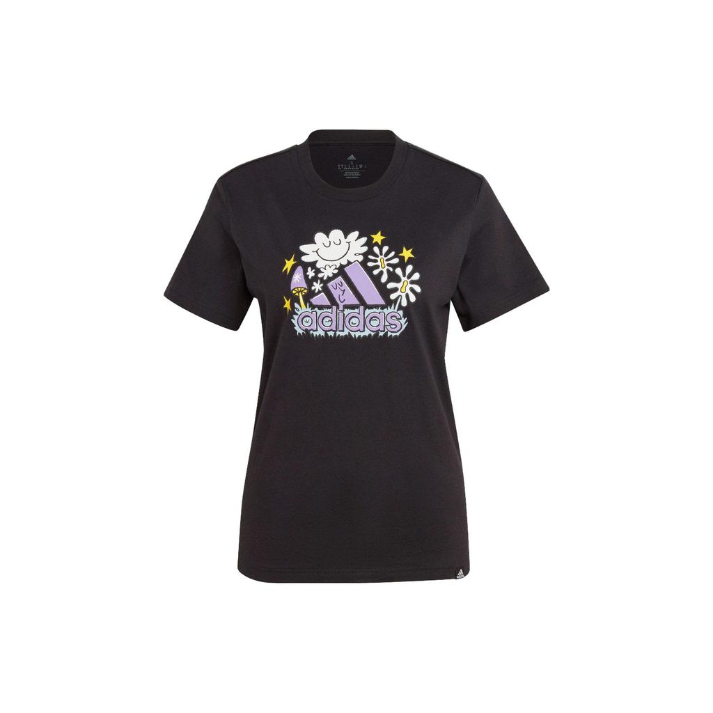Adidas Doodle Letter Logo Cartoon Print Round Neck Short Sleeve T-shirt Women Tops Black IJ7327