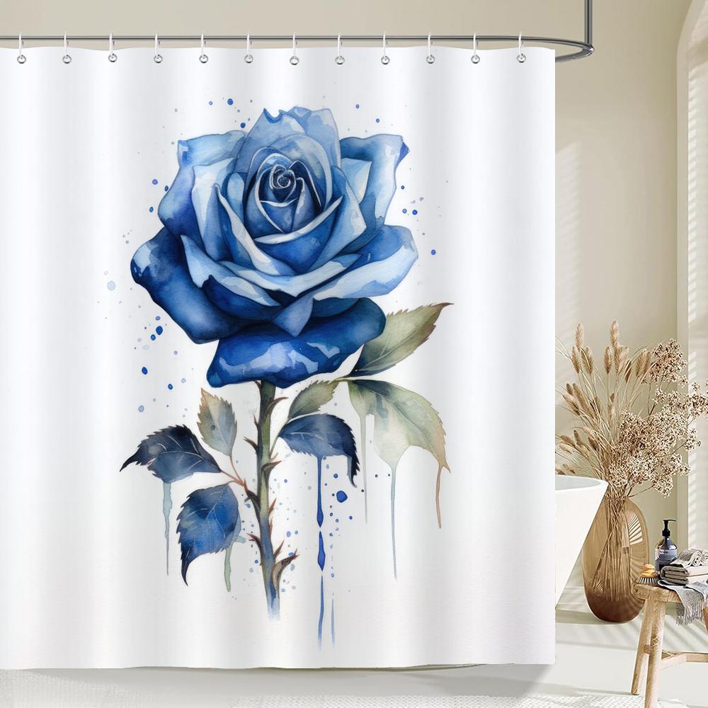 Home Shower Curtains For Bathroom Waterproof Fabric Watercolor Blue Rose Flower Bathroom Curtains With Hooks Decorative Curtain