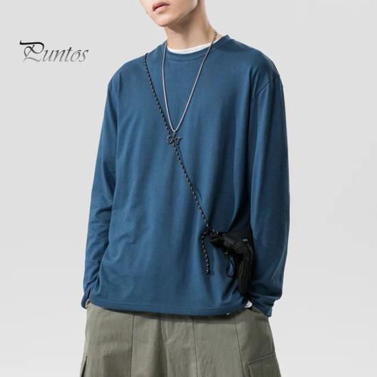 Herrenhemd Rundhals Langarm Weiches Atmungsaktives T-Shirt Einfarbig Lockere Passform Frühling Sommer Casual Tops