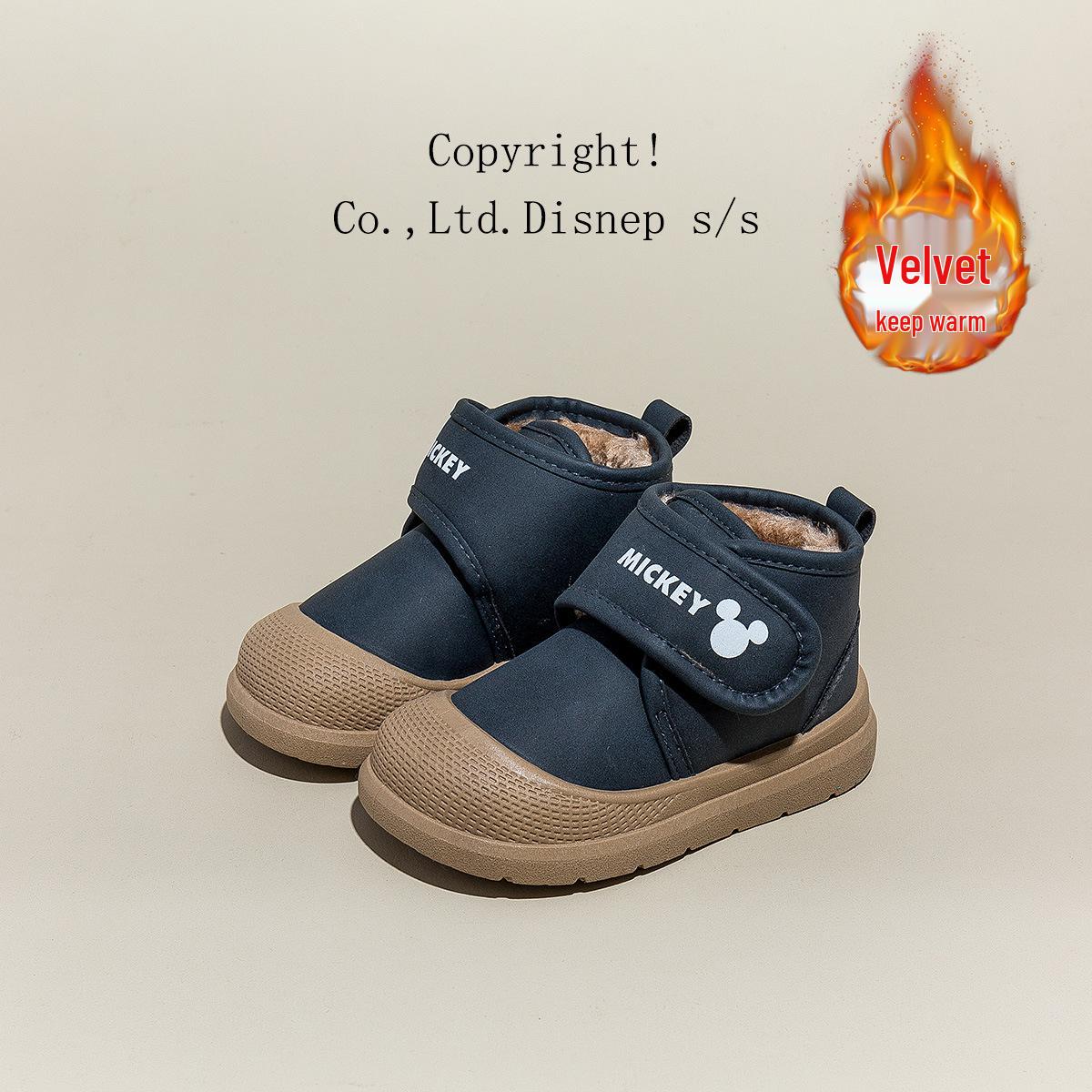 Детские водонепроницаемые кожаные зимние снегоступы Микки: Теплый хлопок, Плюс бархат, Мальчишеский стиль 2025 25