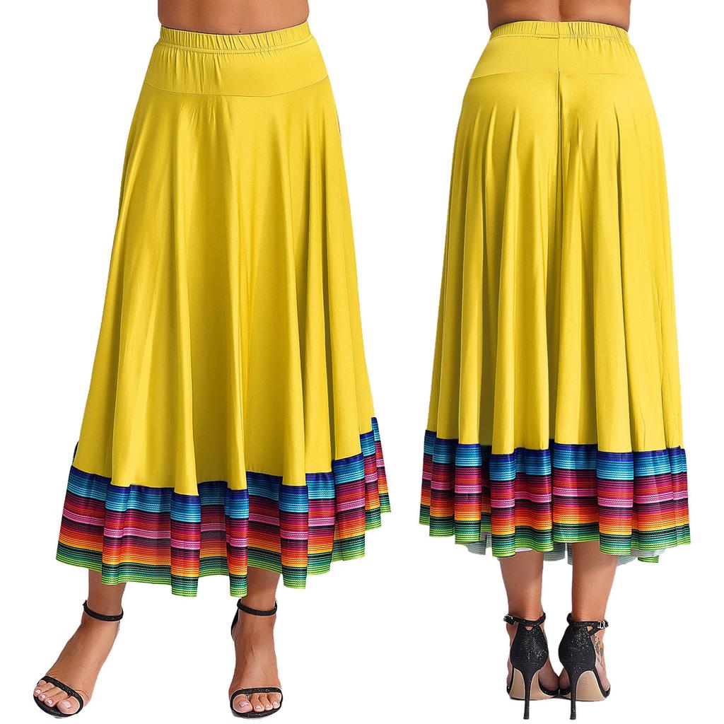 Womens Flamenco Dance Skirt Colorful Stripe Hem Elastic Waistband Folk Dancing Stage Performance Costume