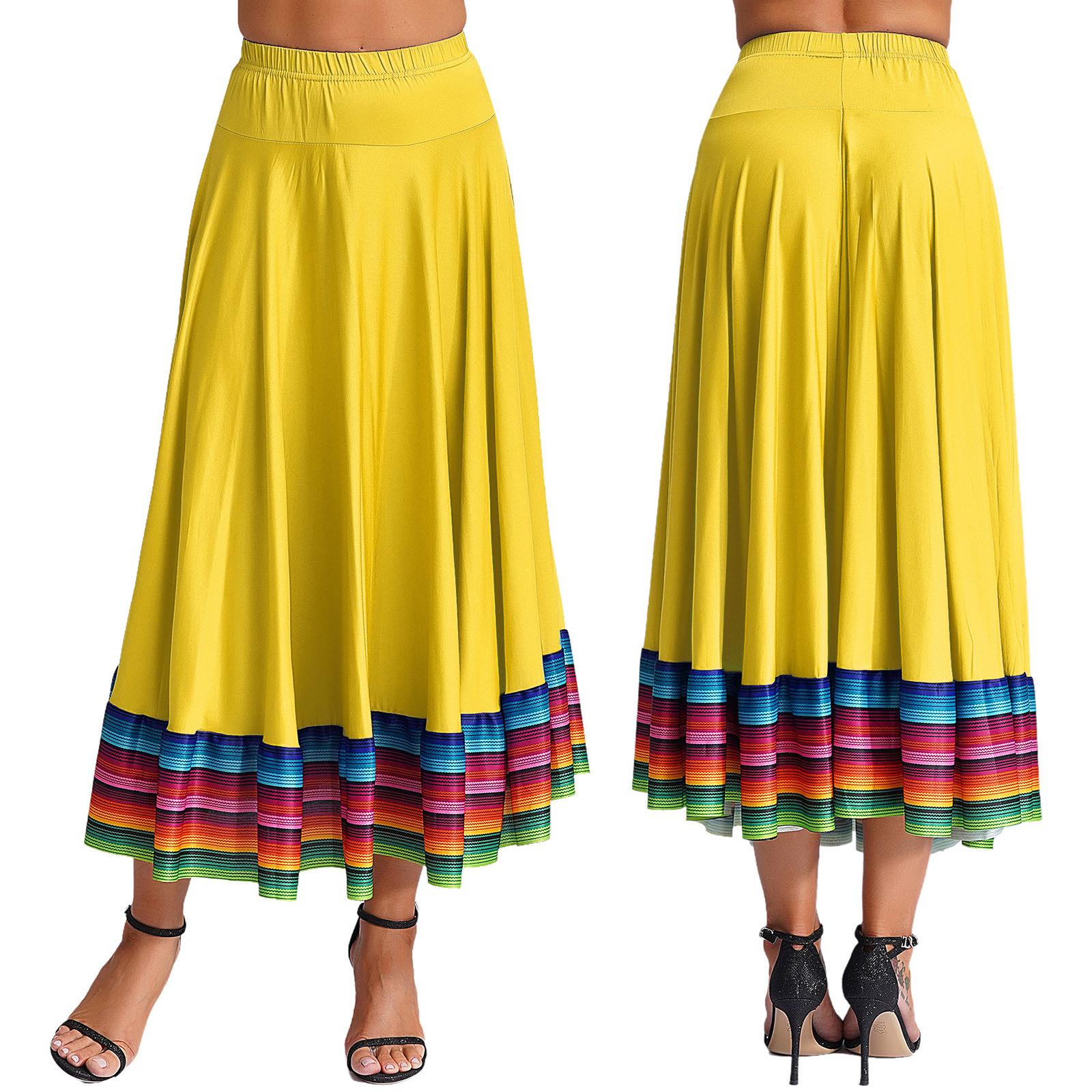 

Womens Colorful Stripe Hem Skirt Elastic Waistband Flamenco Ballroom Dance Folk Dancing Stage Performance Skirt 5XL