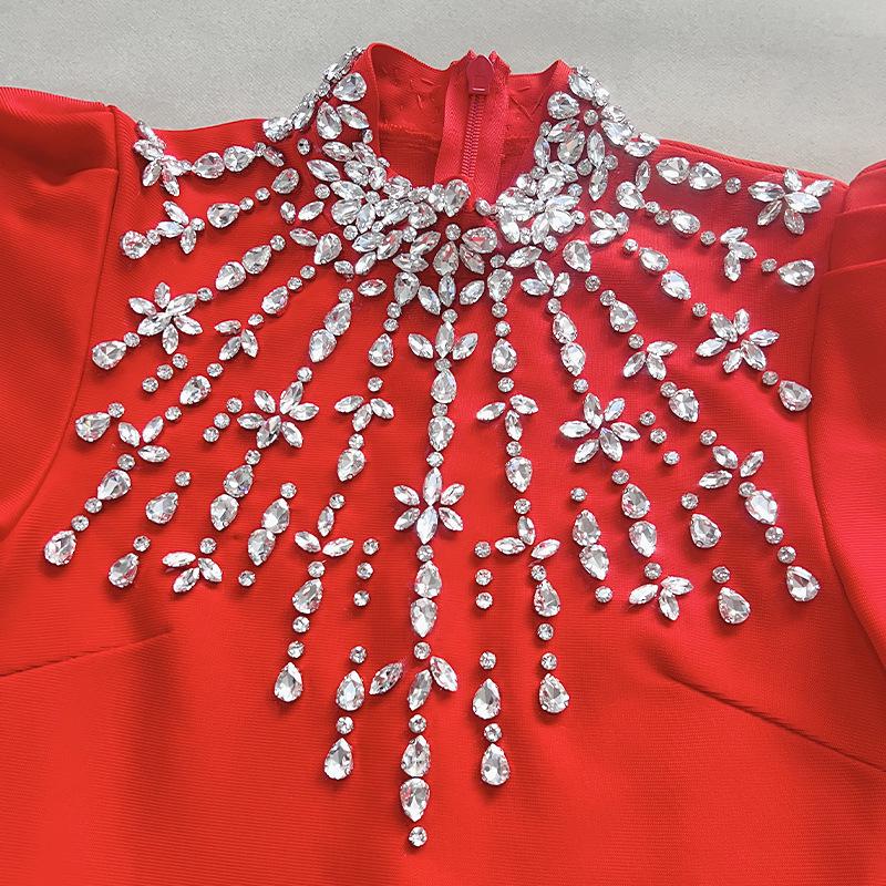 2025 Black High Neck Hot Drill Feather Bodycon Bandage Dress with Long Sleeves.