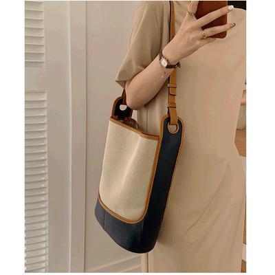 Canvas Bag Women's College Style Personalized Color Block Shoulder Bag Artistic Handbag Large Capacity Contrast Color Episode Slide Bag