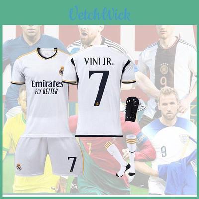 Conjunto Camisa de Futebol Real Madrid Casa 7 Vini.jr Para Crianças e Adultos Tecido Poliéster Camisa Calça Meias e Equipamento de Proteção Incluídos