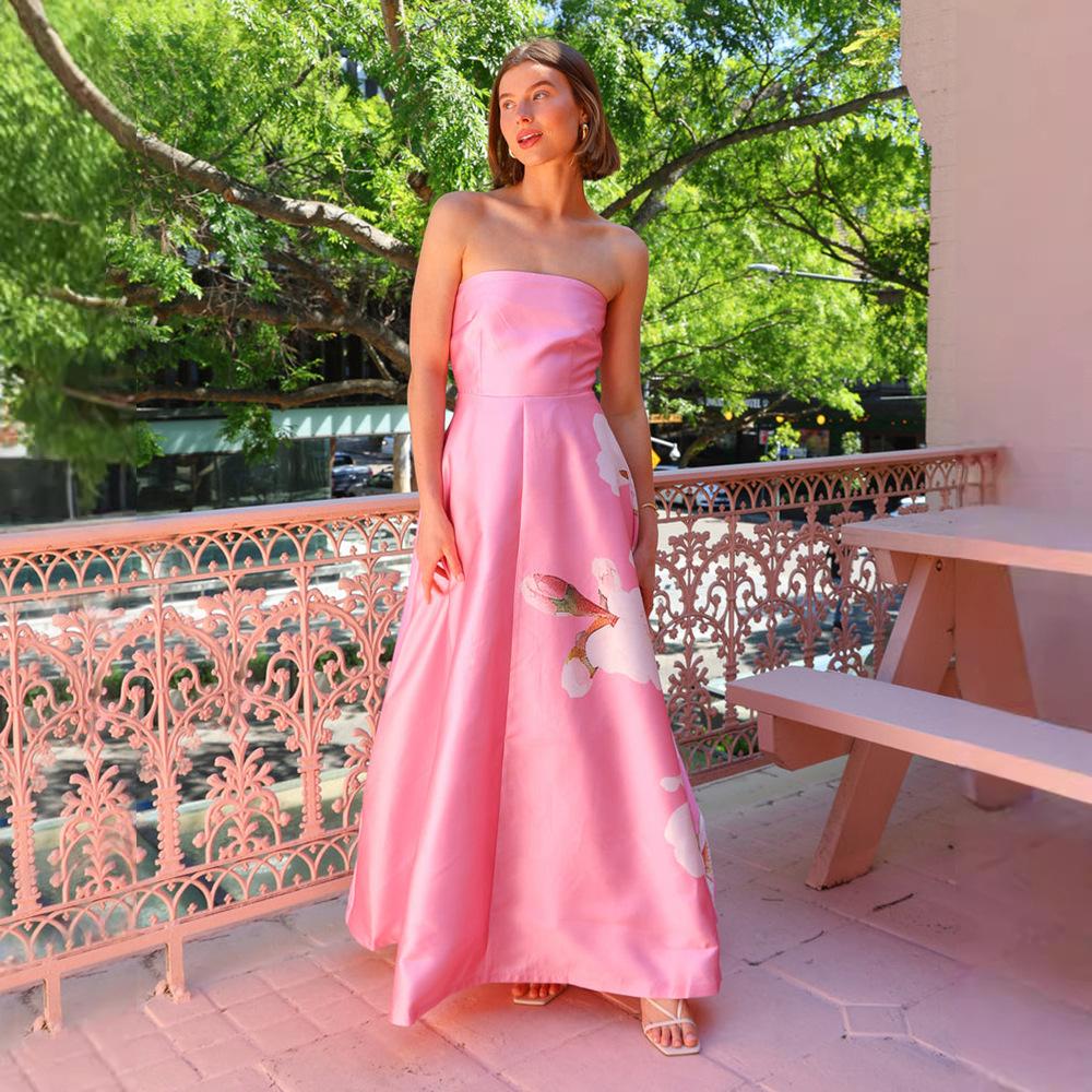 New design sense splicing satin sexy tube top printing high waist dress evening dress