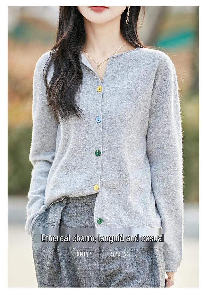 Women's V-Neck Wool Cardigan Sweater - Spring New Arrival, Loose Fit, Solid Color, Versatile Knit Outerwear.
