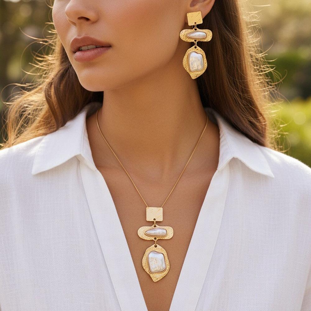 Geometric Textured Pendant Necklace and Earrings Set Irregular Shape Metal Finish Lightweight Jewelry for Women and Girls One Size
