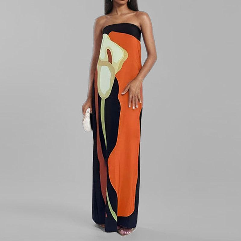 2026 Spring European & American Women's Off-the-Shoulder Sleeveless Backless Printed Dress