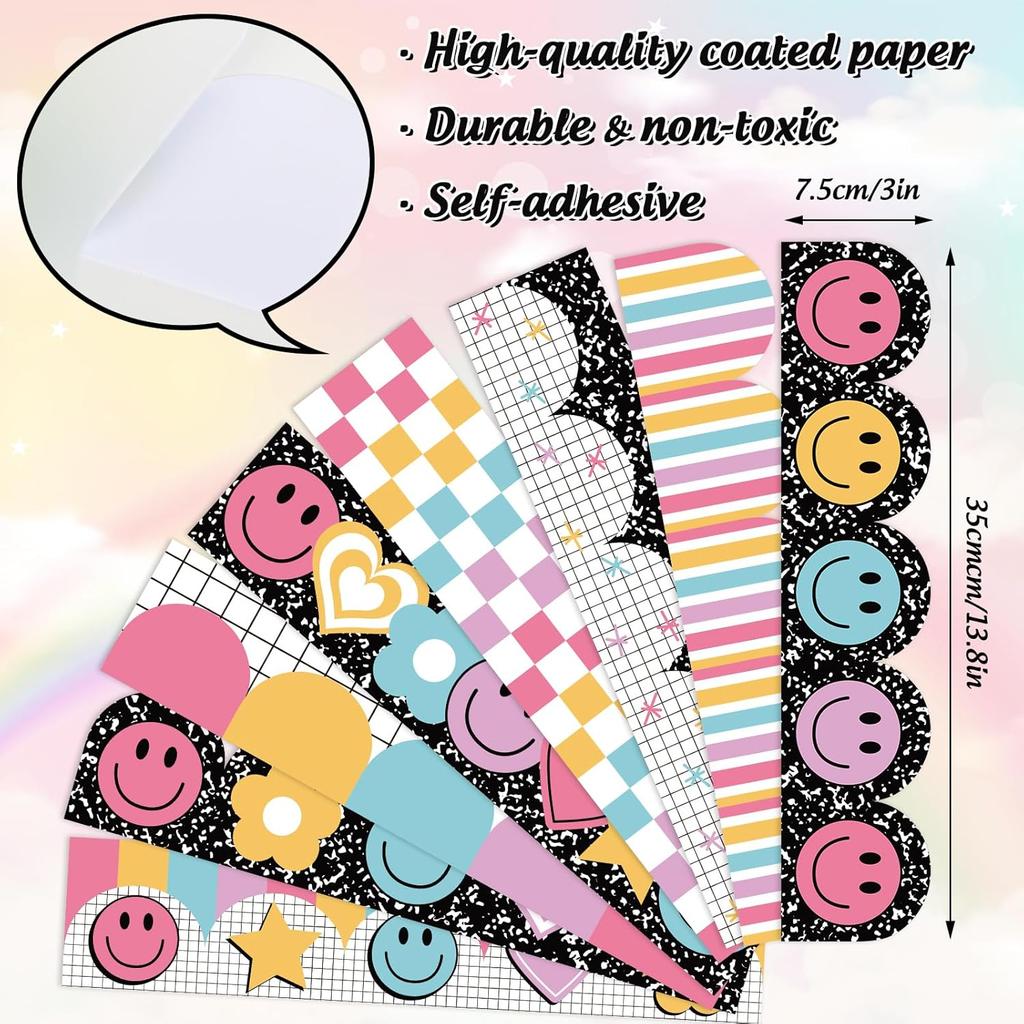 82Ft Bright Boho Bulletin Board Border Composition Smile Face Star Heart Plaid Stripe Adhesive Border Trim for Classroom Chalkboard Wall Decor