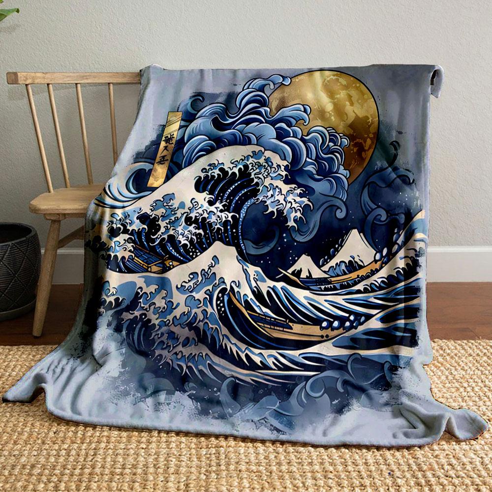 Golden Moon and Japanese Great Waves Print Blanket Soft and Cozy Perfect for the Living Room Bed Sofa or a Nap,gift