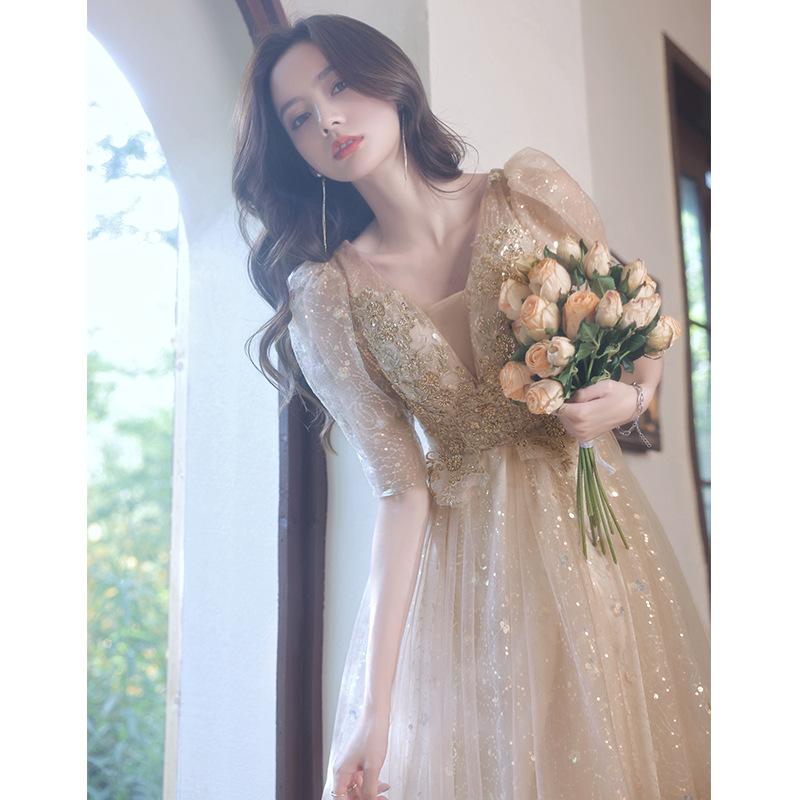 Host Evening Dress Champagne Bridesmaid Dress Banquet Temperament Large Size Engagement Art Test Fairy Dress